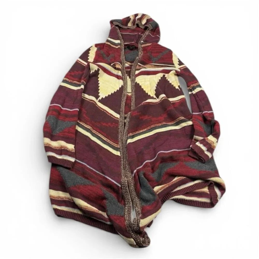 Elan Hooded Cardigan Southwestern Aztec Tunic Relaxed Fit Cozy Sweater S FLAW
